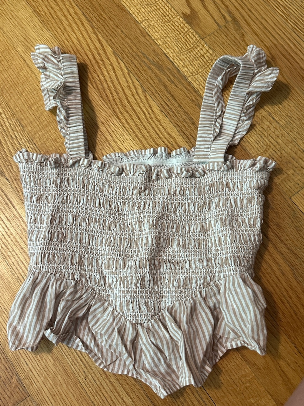 American Eagle Smocked Stripe Ruffle Tank Top - Light Beige
